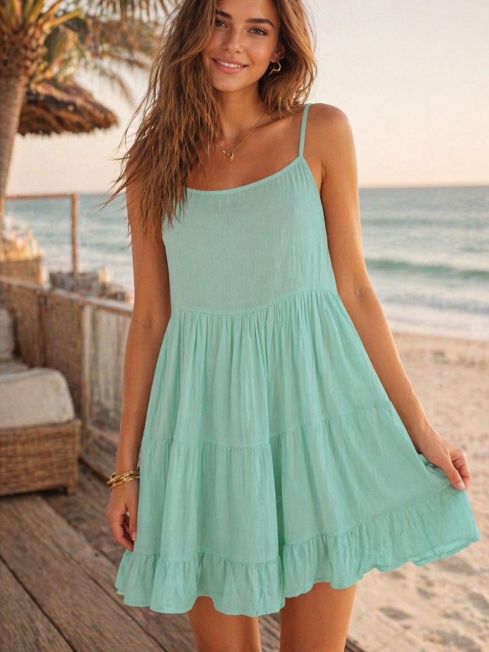 BEACH by EXIST Seafoam Tiered Dress Coverup NWT Medium Boho Resort Sundress